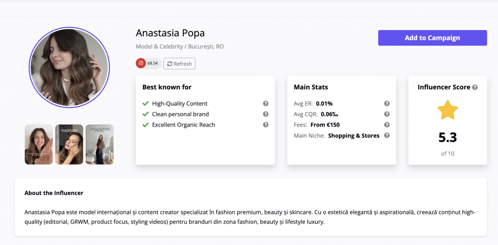 MOCAPP filter panel for finding relevant influencers in Romania by niche
