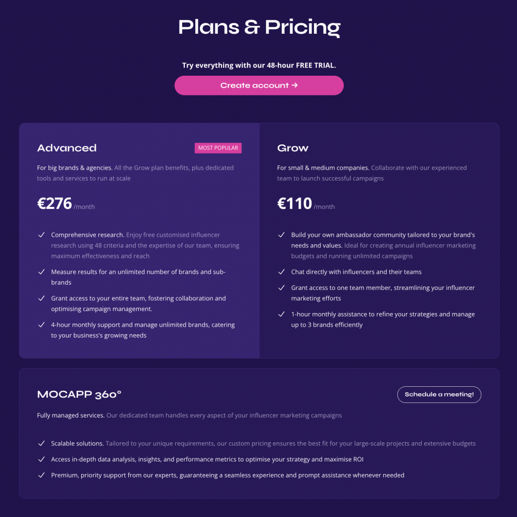 Pricing plans MOCAPP